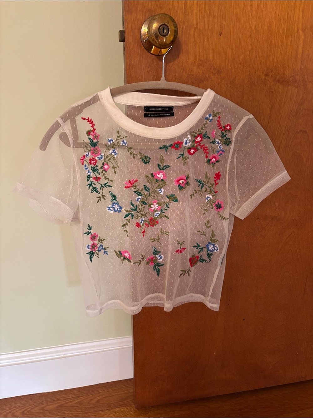 Urban Outfitters White Sheer Floral Embroidered Short Sleeve Tee